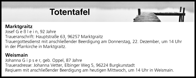  Traueranzeige für Totentafel vom 21.12.2016 vom 21.12.2016 aus MGO