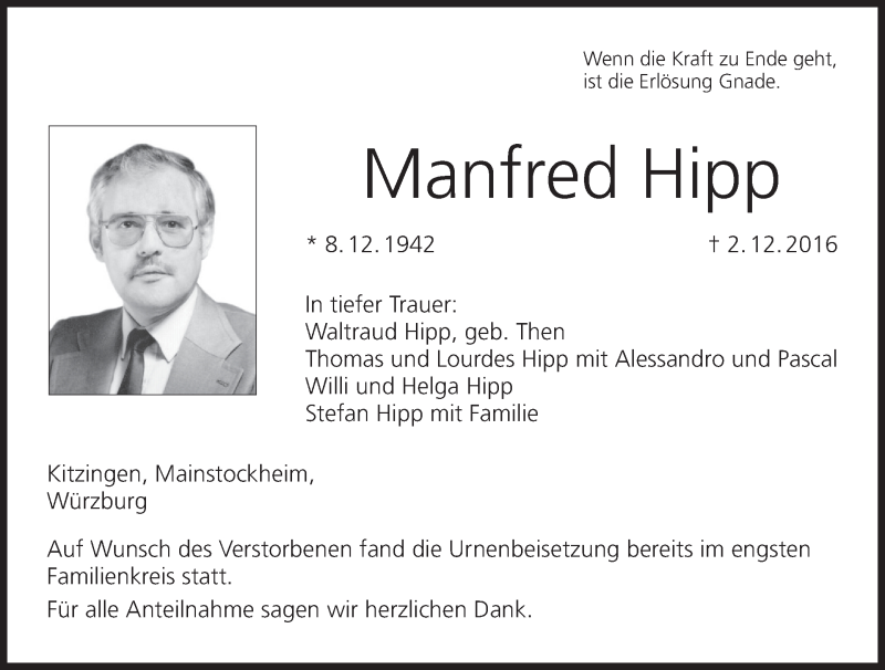  Traueranzeige für Manfred Hipp vom 17.12.2016 aus MGO