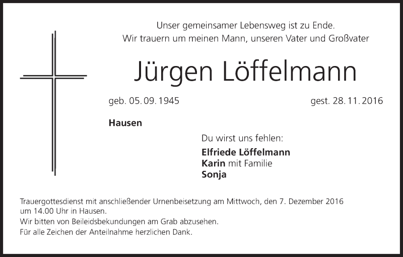  Traueranzeige für Jürgen Löffelmann vom 03.12.2016 aus MGO