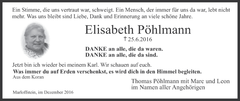  Traueranzeige für Elisabeth Pöhlmann vom 17.12.2016 aus MGO