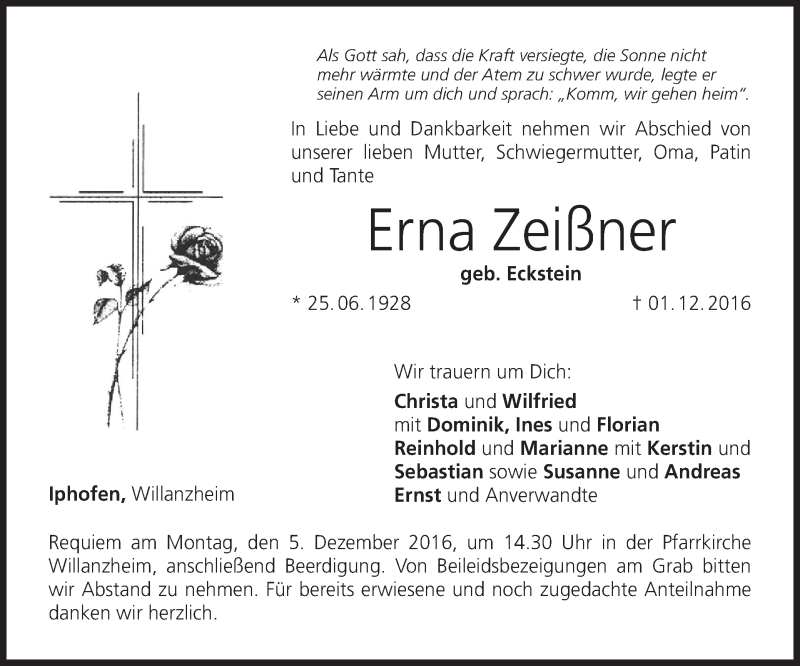 Traueranzeige für Erna Zeißner vom 03.12.2016 aus MGO
