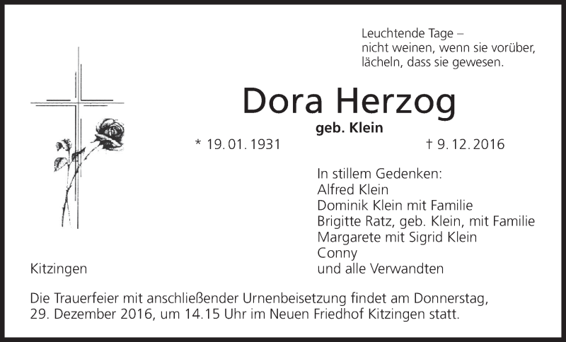  Traueranzeige für Dora Herzog vom 24.12.2016 aus MGO