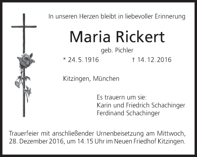  Traueranzeige für Maria Rickert vom 24.12.2016 aus MGO