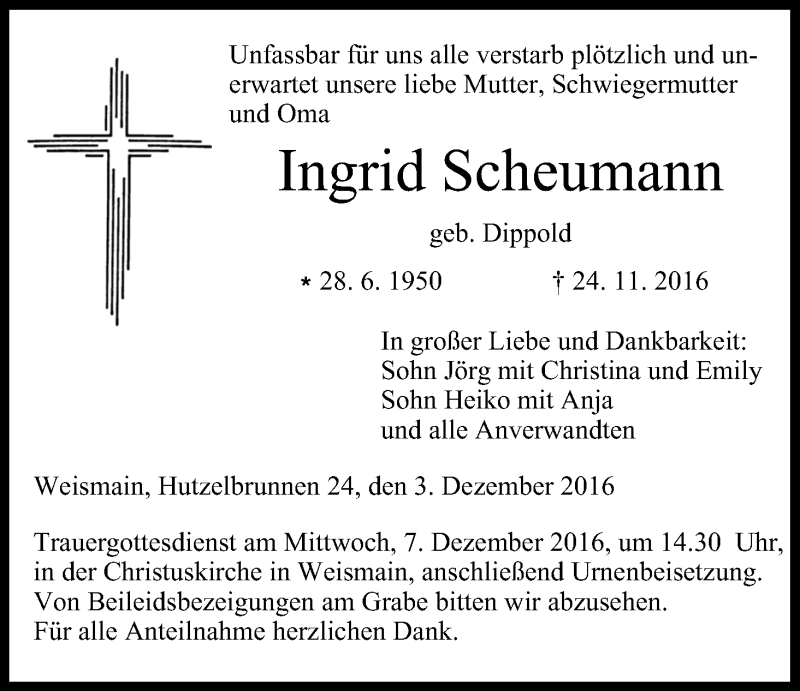  Traueranzeige für Ingrid Scheumann vom 03.12.2016 aus MGO
