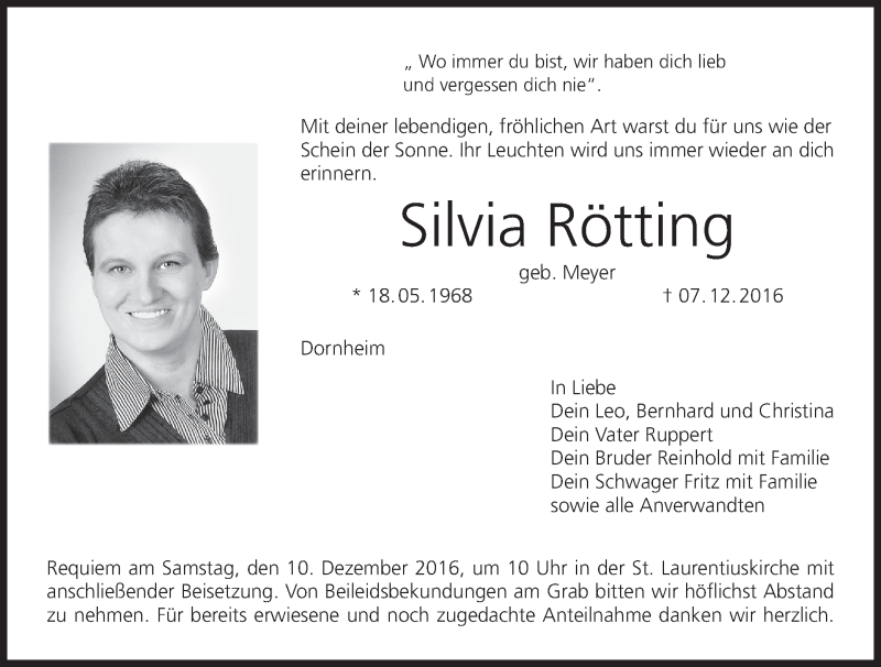  Traueranzeige für Silvia Rötting vom 09.12.2016 aus MGO