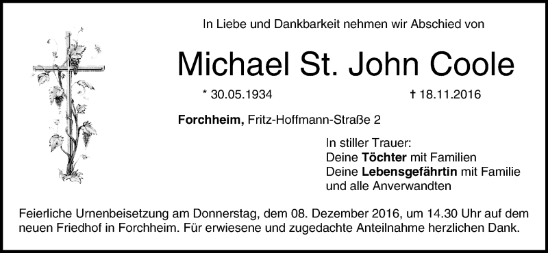  Traueranzeige für Michael St.John Coole vom 03.12.2016 aus MGO