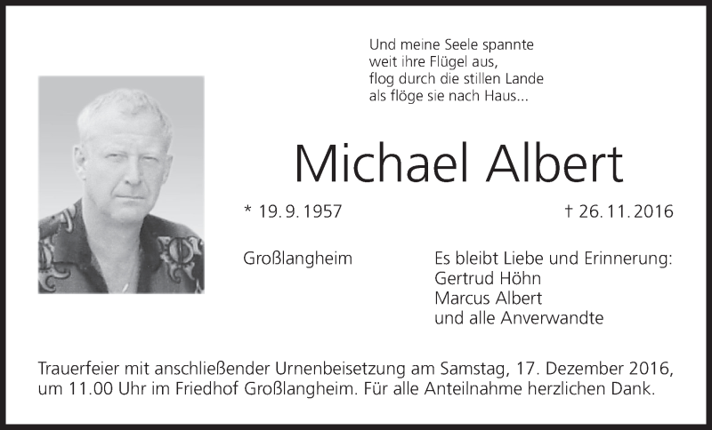  Traueranzeige für Michael Albert vom 14.12.2016 aus MGO