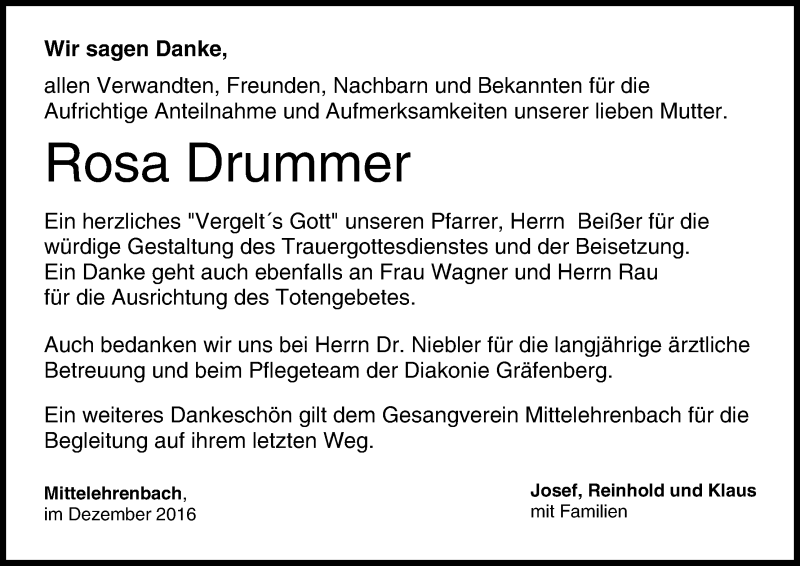  Traueranzeige für Rosa Drummer vom 17.12.2016 aus MGO