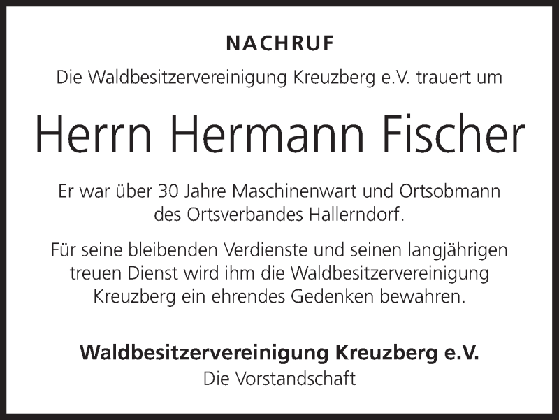  Traueranzeige für Hermann Fischer vom 31.12.2016 aus MGO