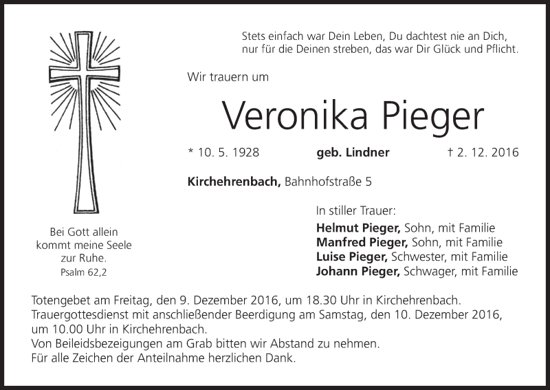  Traueranzeige für Veronika Pieger vom 07.12.2016 aus MGO