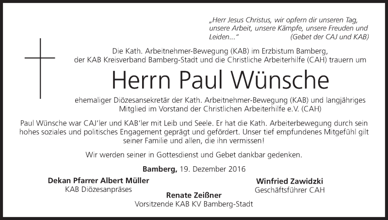  Traueranzeige für Paul Wünsche vom 20.12.2016 aus MGO