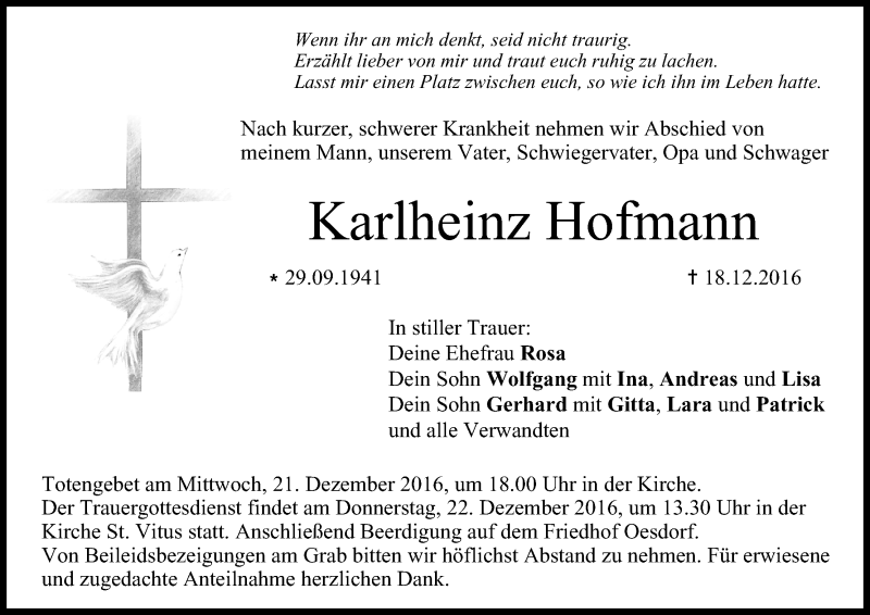  Traueranzeige für Karlheinz Hofmann vom 20.12.2016 aus MGO