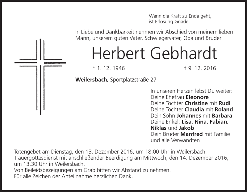  Traueranzeige für Herbert Gebhardt vom 12.12.2016 aus MGO