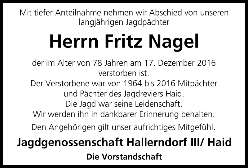  Traueranzeige für Fritz Nagel vom 20.12.2016 aus MGO