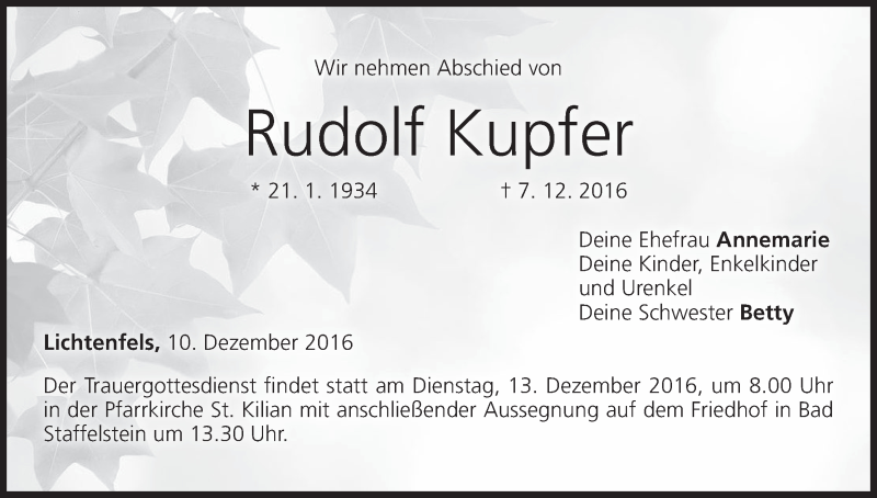  Traueranzeige für Rudolf Kupfer vom 10.12.2016 aus MGO