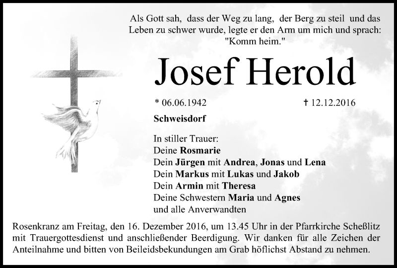  Traueranzeige für Josef Herold vom 14.12.2016 aus MGO