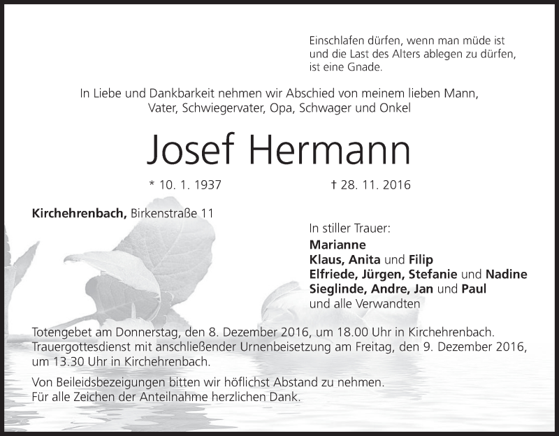  Traueranzeige für Josef Hermann vom 03.12.2016 aus MGO