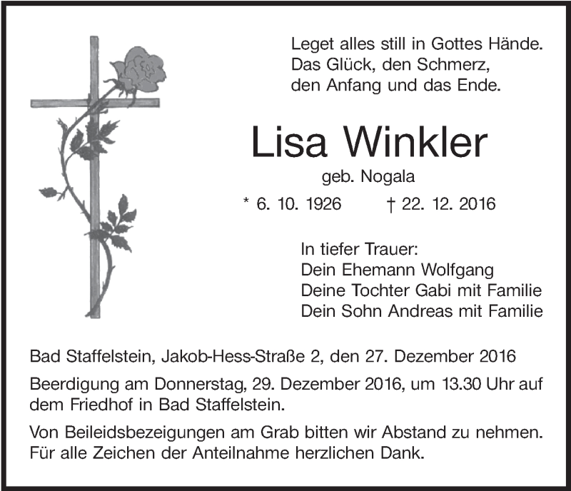  Traueranzeige für Lisa Winkler vom 27.12.2016 aus MGO