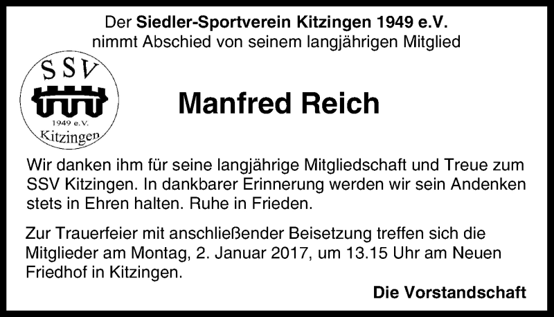  Traueranzeige für Manfred Reich vom 31.12.2016 aus MGO