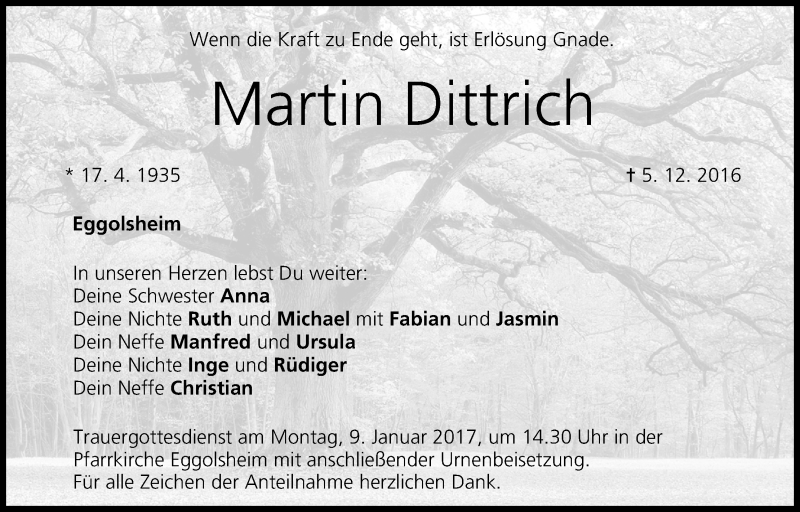  Traueranzeige für Martin Dittrich vom 10.12.2016 aus MGO