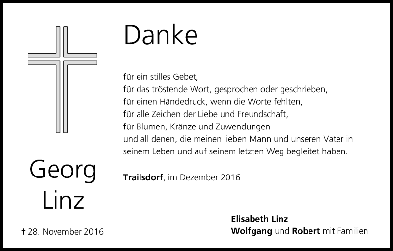  Traueranzeige für Georg Linz vom 10.12.2016 aus MGO