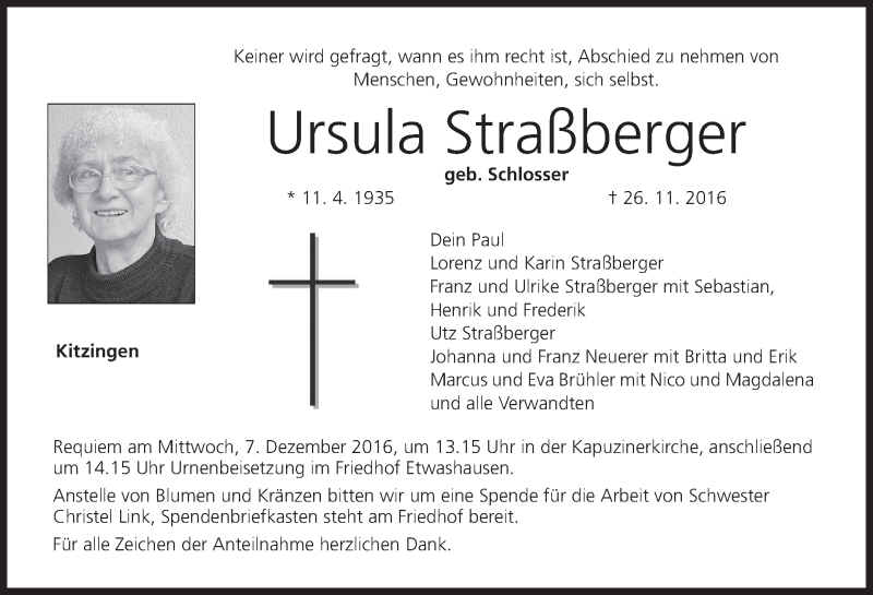  Traueranzeige für Ursula Straßberger vom 03.12.2016 aus MGO