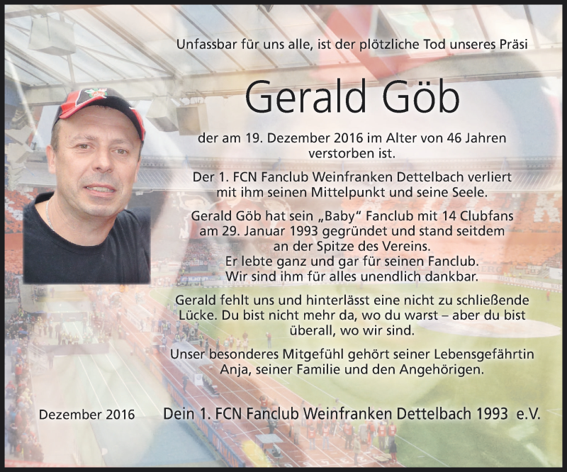  Traueranzeige für Gerald Göb vom 29.12.2016 aus MGO