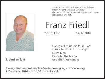 Franz Friedl | Traueranzeige | Trauer.inFranken.de