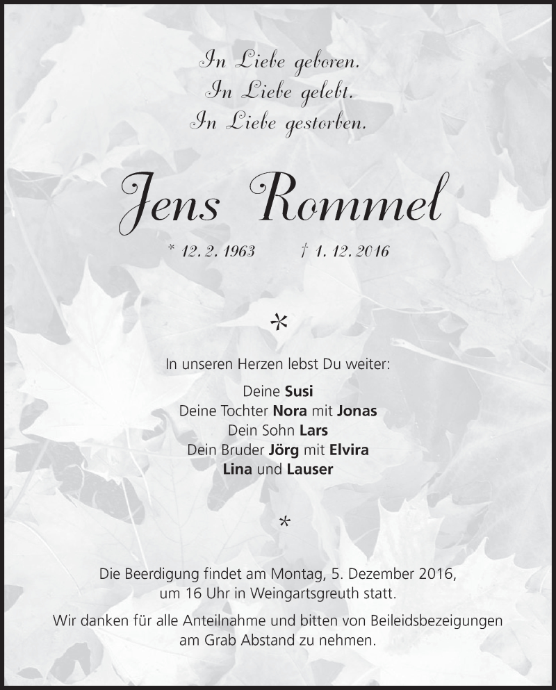  Traueranzeige für Jens Rommel vom 03.12.2016 aus MGO