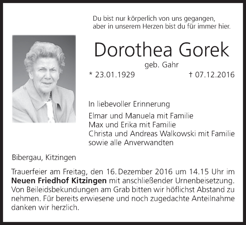  Traueranzeige für Dorothea Gorek vom 13.12.2016 aus MGO