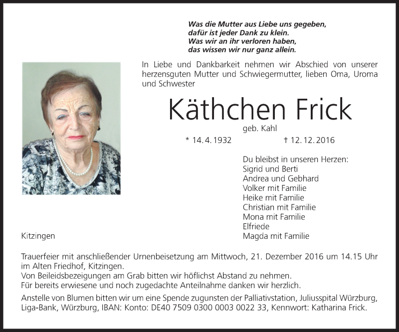  Traueranzeige für Käthchen Frick vom 17.12.2016 aus MGO