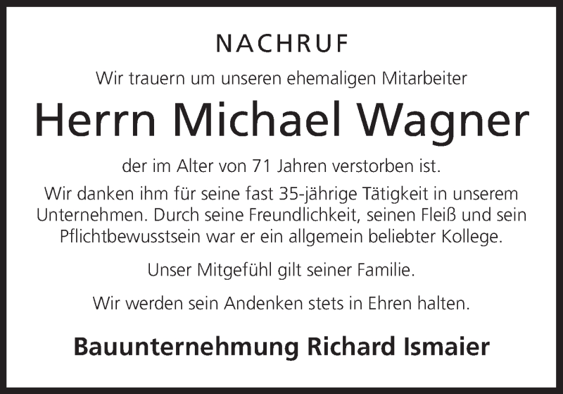 Traueranzeige für Michael Wagner vom 30.12.2016 aus MGO