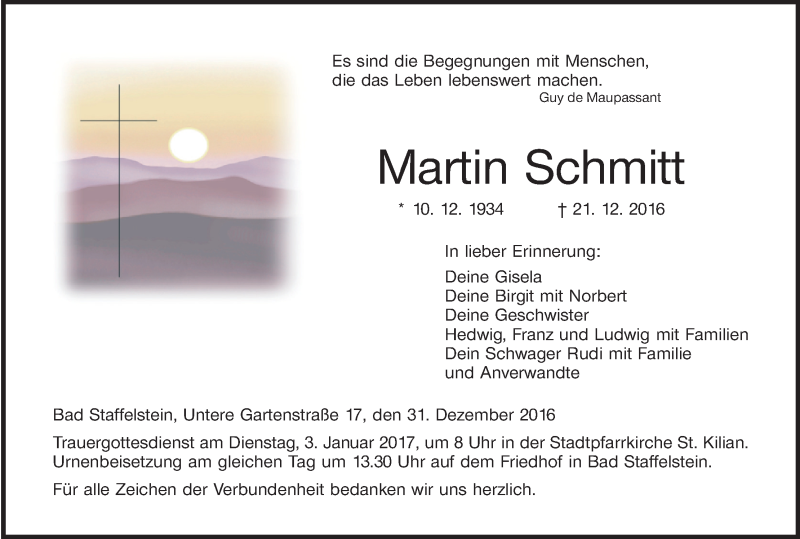  Traueranzeige für Martin Schmitt vom 31.12.2016 aus MGO