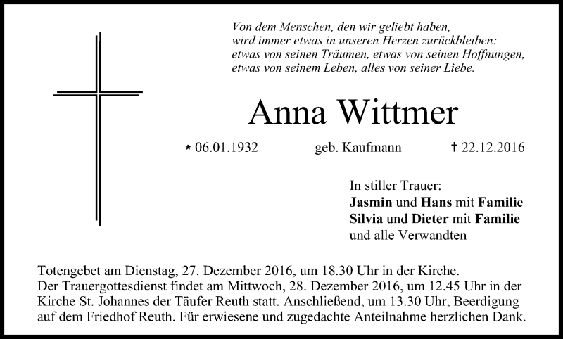  Traueranzeige für Anna Wittener vom 24.12.2016 aus MGO