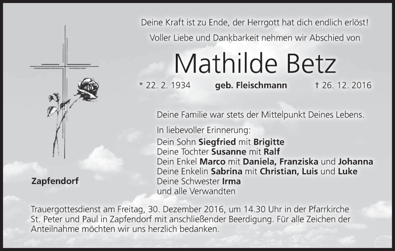 Traueranzeige für Mathilde Betz vom 28.12.2016 aus MGO