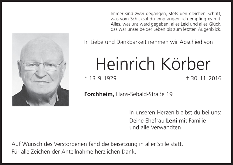  Traueranzeige für Heinrich Körber vom 20.12.2016 aus MGO