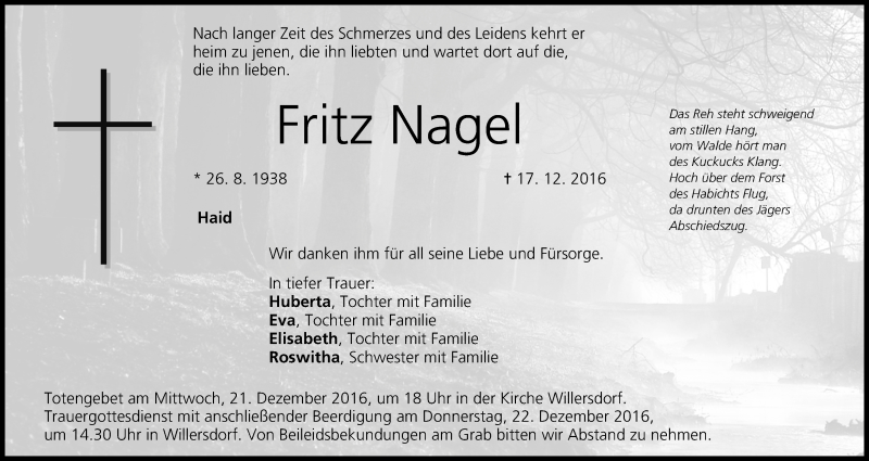  Traueranzeige für Fritz Nagel vom 20.12.2016 aus MGO
