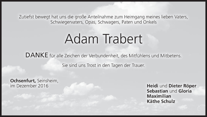  Traueranzeige für Adam Trabert vom 21.12.2016 aus MGO