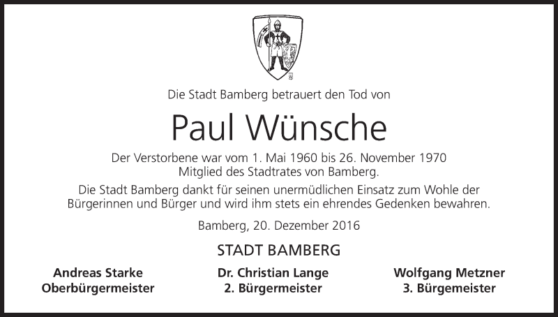  Traueranzeige für Paul Wünsche vom 20.12.2016 aus MGO
