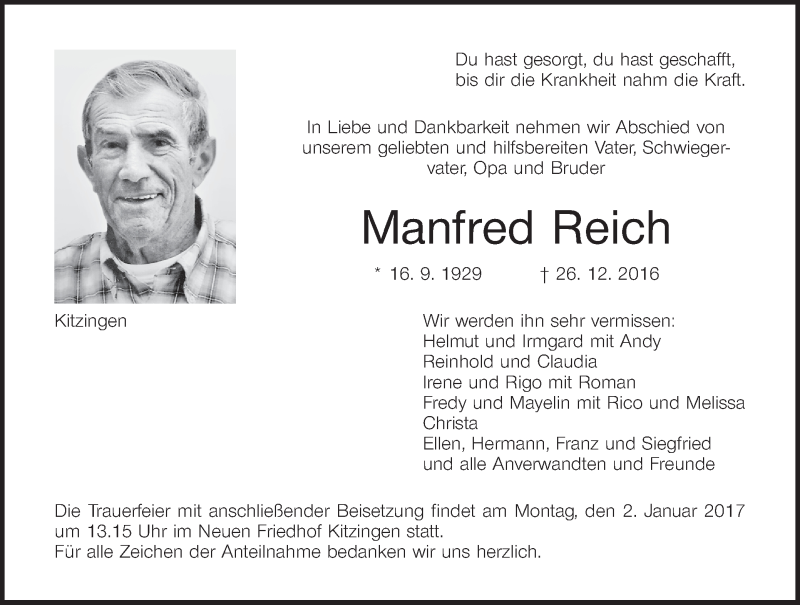  Traueranzeige für Manfred Reich vom 31.12.2016 aus MGO