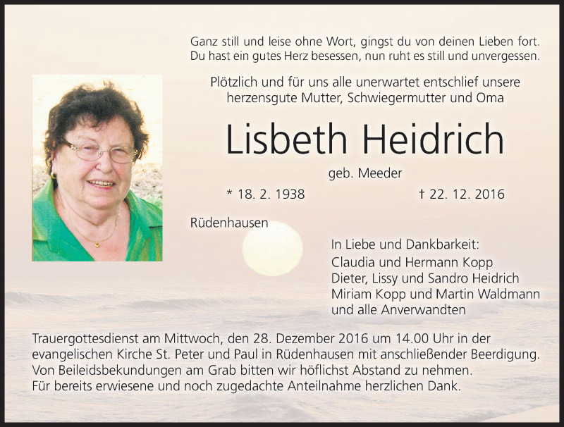  Traueranzeige für Lisbeth Heidrich vom 24.12.2016 aus MGO