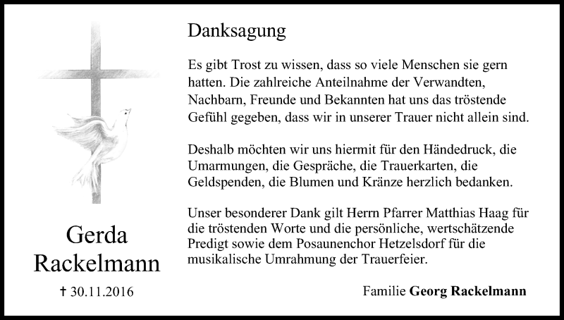 Traueranzeige für Gerda Rackelmann vom 17.12.2016 aus MGO
