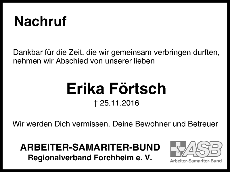  Traueranzeige für Erika Förtsch vom 07.12.2016 aus MGO