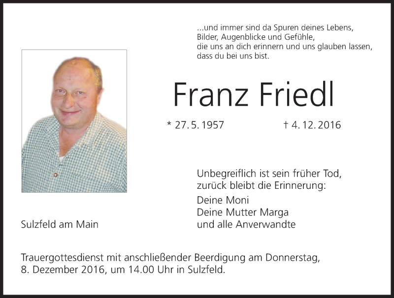  Traueranzeige für Franz Friedl vom 07.12.2016 aus MGO