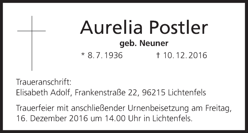  Traueranzeige für Aurelia Postler vom 13.12.2016 aus MGO
