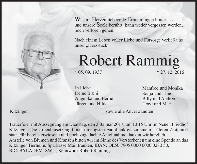  Traueranzeige für Robert Rammig vom 29.12.2016 aus MGO