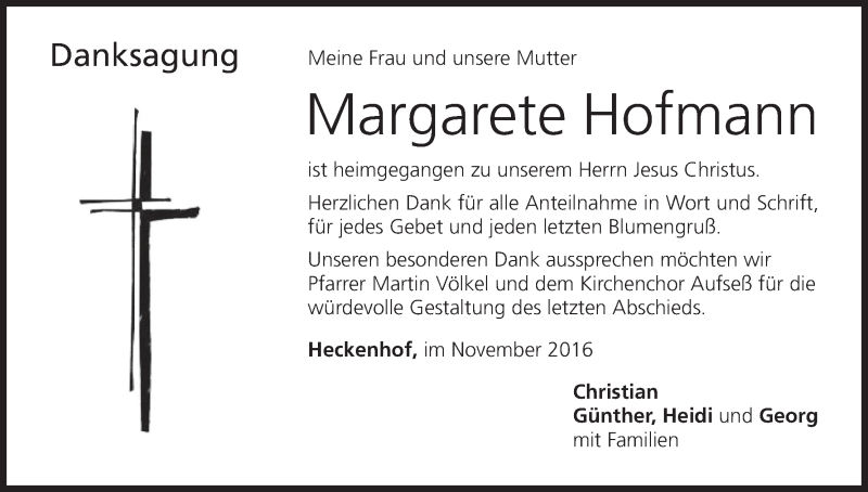  Traueranzeige für Margarete Hofmann vom 10.12.2016 aus MGO