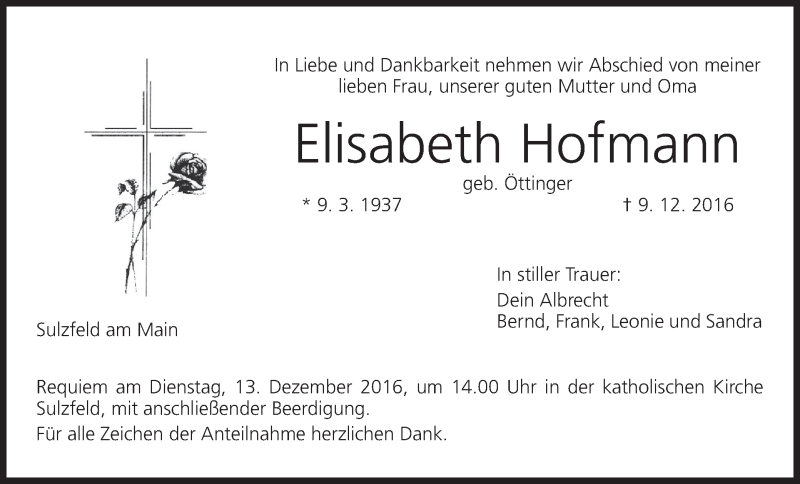  Traueranzeige für Elisabeth Hofmann vom 10.12.2016 aus MGO