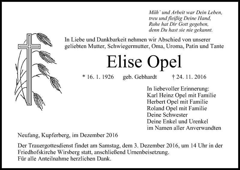  Traueranzeige für Elise Opel vom 01.12.2016 aus MGO