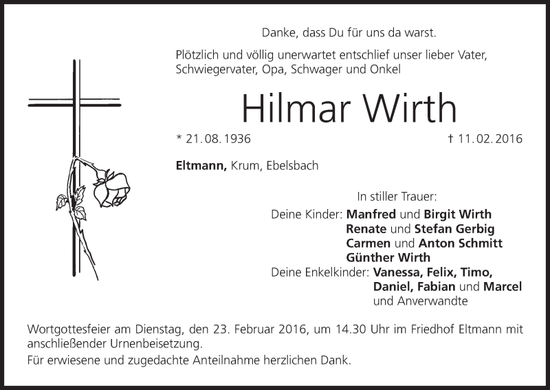  Traueranzeige für Hilmar Wirth vom 20.02.2016 aus MGO